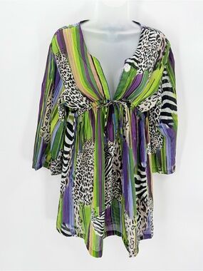 Blue Island Swim Cover Up Tunic Women L Striped Animal Print Colorful